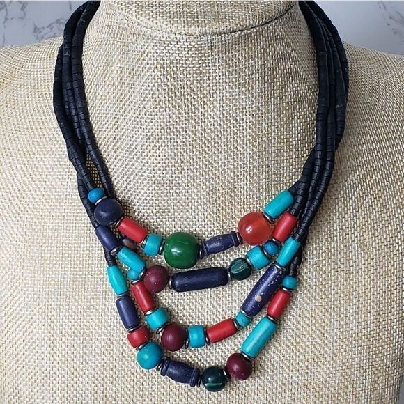 MULTI-STRAND Colorful Wood Beaded Necklace - Picture 1 of 7